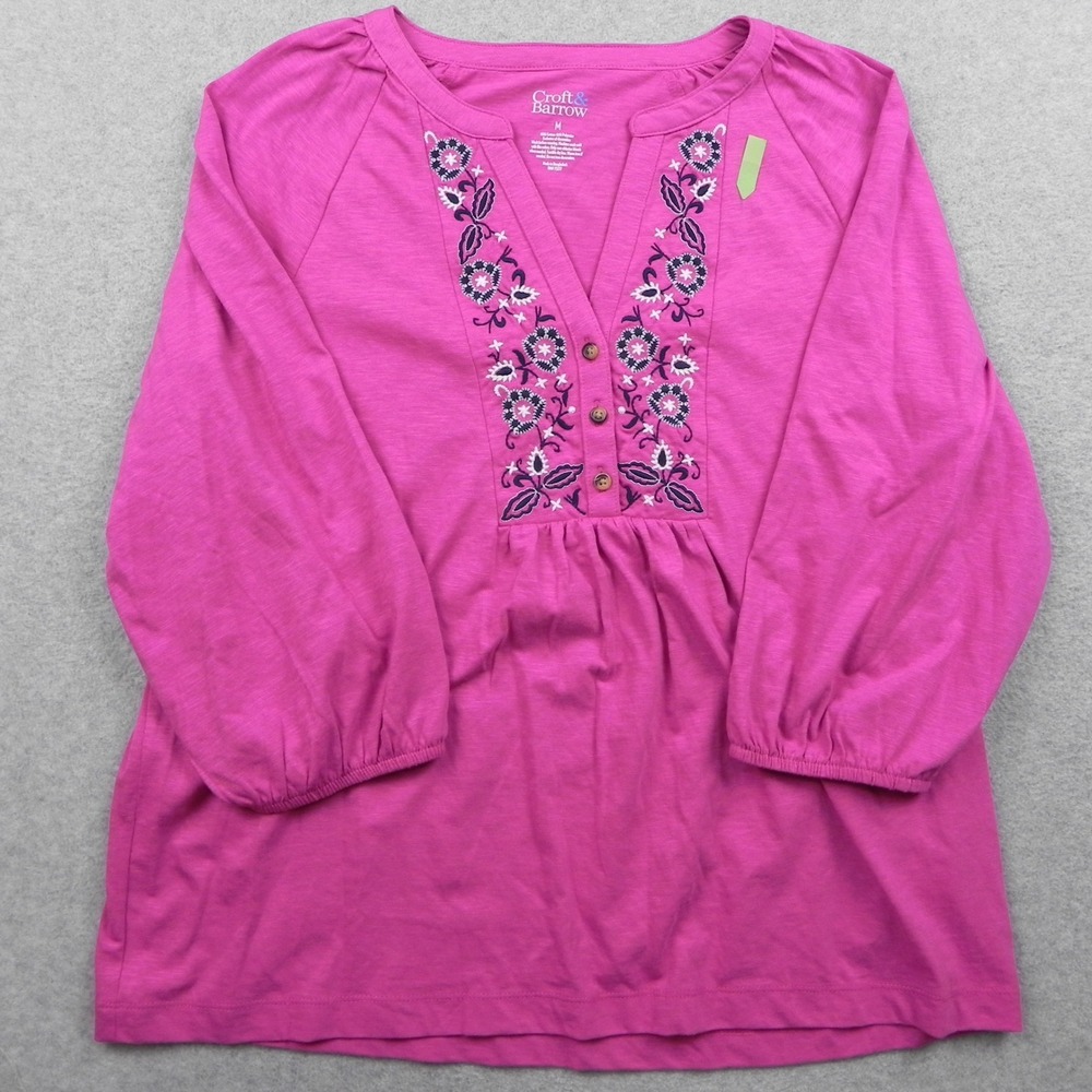 Croft & Barrow Top Womens M Pink Embroidered‎ 3/4 Sleeve V-Neck Henley Blouse